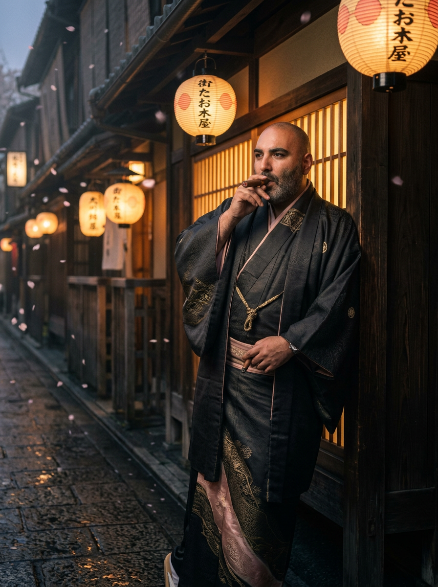 Akash Lal in an elegant black silk kimono on a lantern-lit Kyoto street