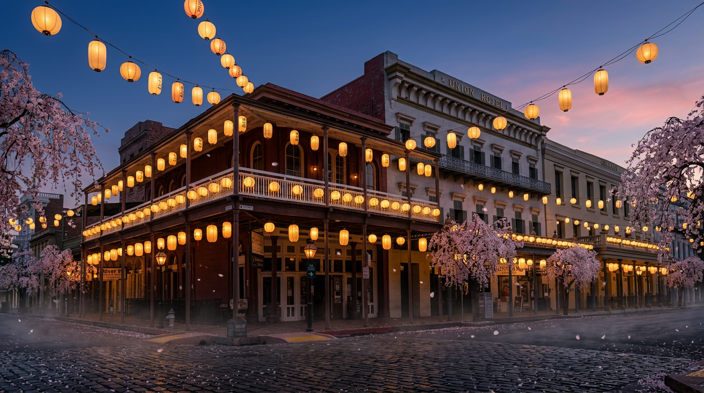 The historic Union Hotel in Old Sacramento, transformed with Japanese paper lanterns and cherry blossoms