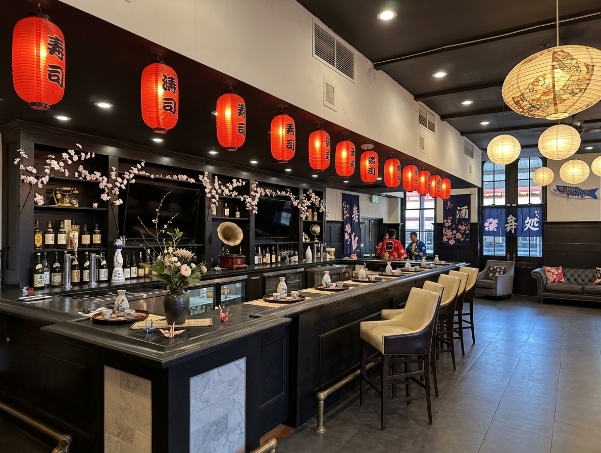 The Union Hotel interior styled with Japanese paper lanterns and cherry blossoms
